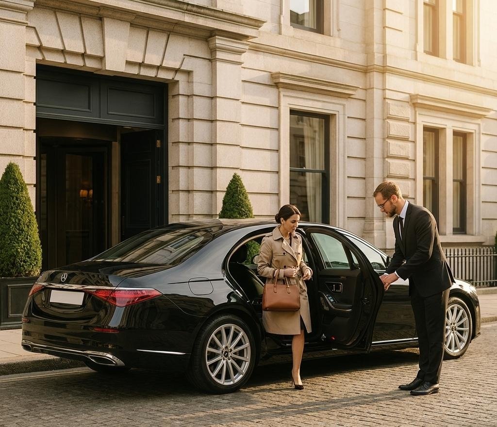 Chauffeur assisting a client from an executive sedan